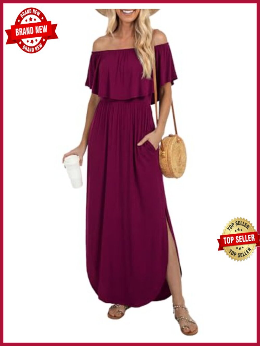 Off Shoulder Ruffle Maxi Dress with Pockets Side Split Beach Dress